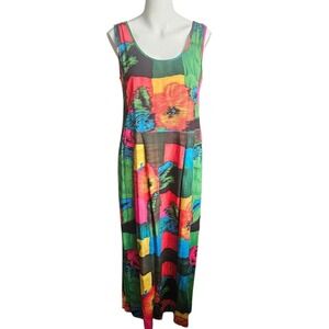 Jams World Vtg 90s Hawaiian Hibiscus Midi Tank Dress‎ Small Dopamine Eclectic